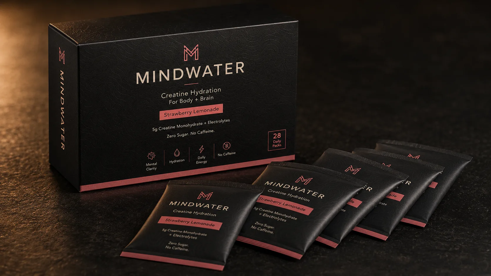 Flat MINDWATER daily packs fanned out beside the matte-black product box on a dark surface
