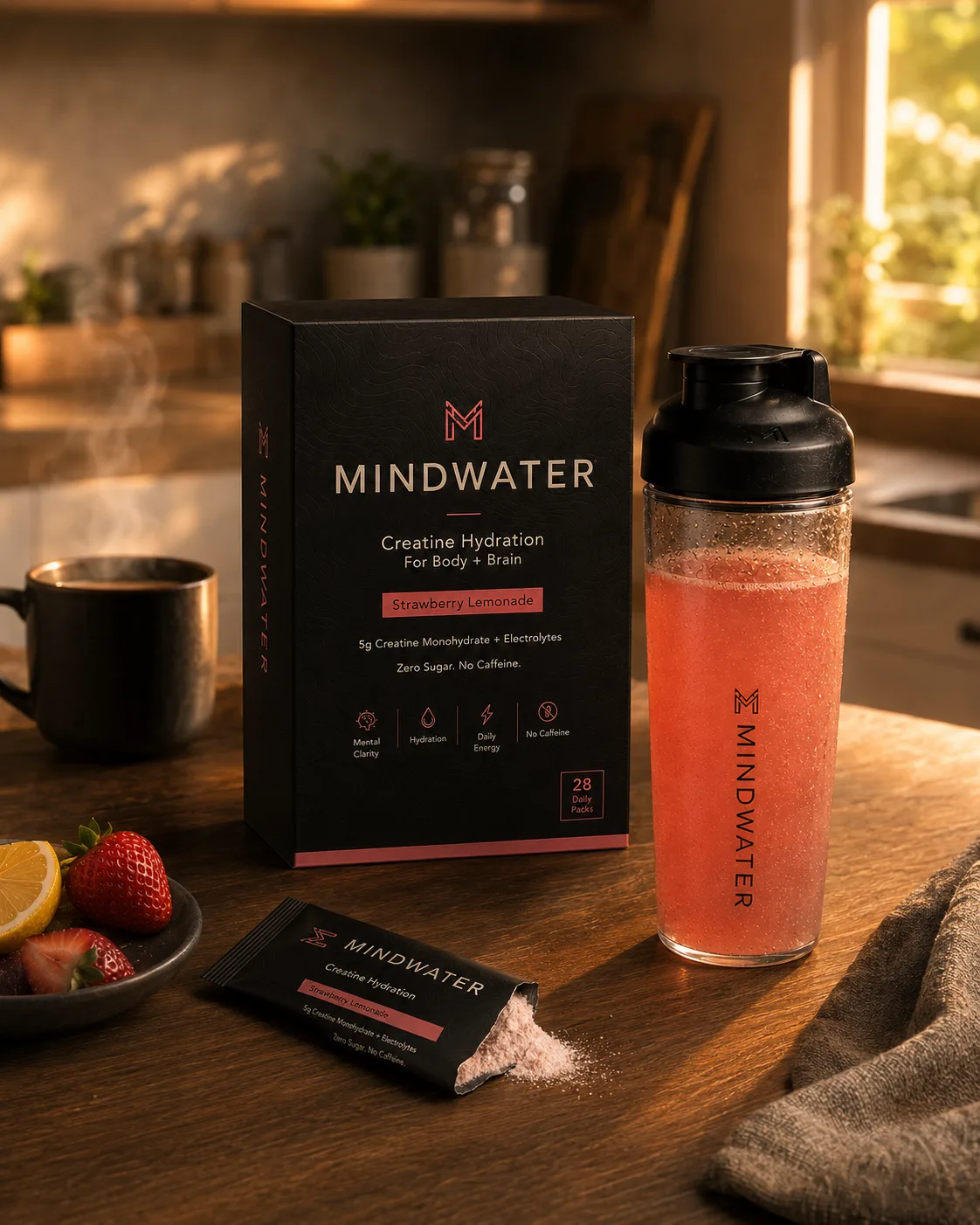 Kitchen counter at golden hour with a torn-open MINDWATER pack, pink drink in a glass shaker, and the black box behind