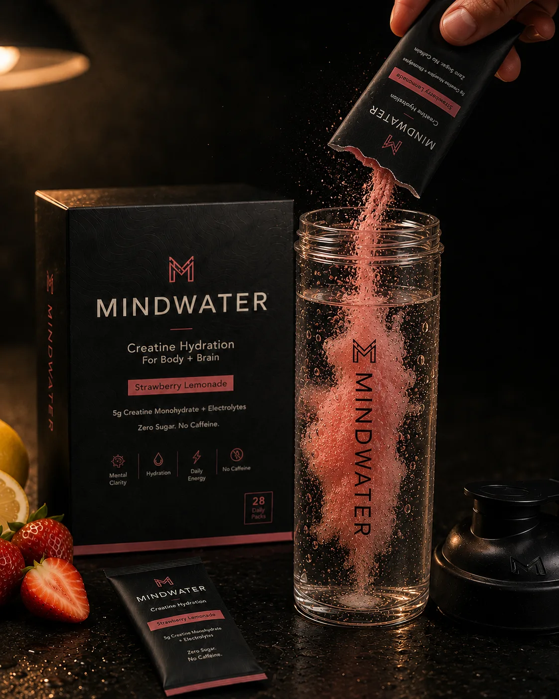 Hand pouring strawberry-pink MINDWATER powder from a daily pack into a glass shaker of cold water